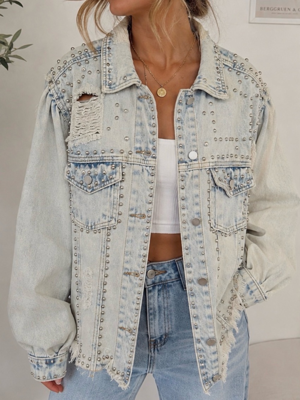 POL Light Wash Silver-Studded Distressed Jean Jacket
